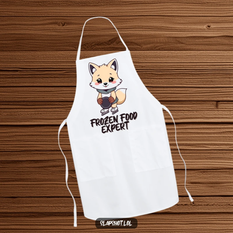 Funny arctic fox apron featuring a cheerful character in skates with a puck, adding humor to kitchen activities.