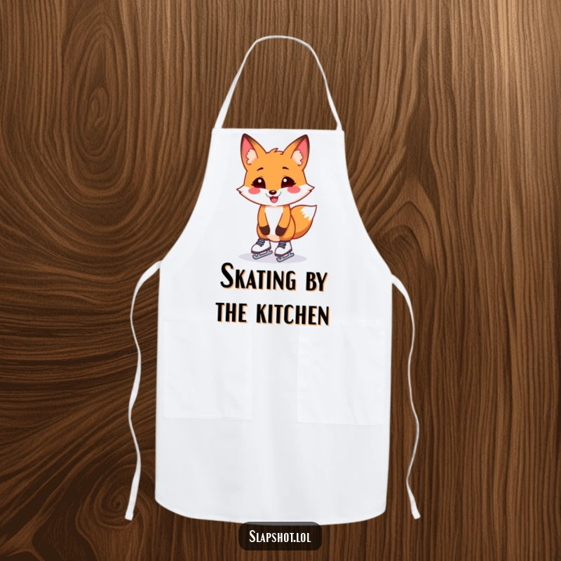 Funny fox wearing tiny skates, hilariously wobbling, printed on a kitchen apron, ready for culinary adventures.