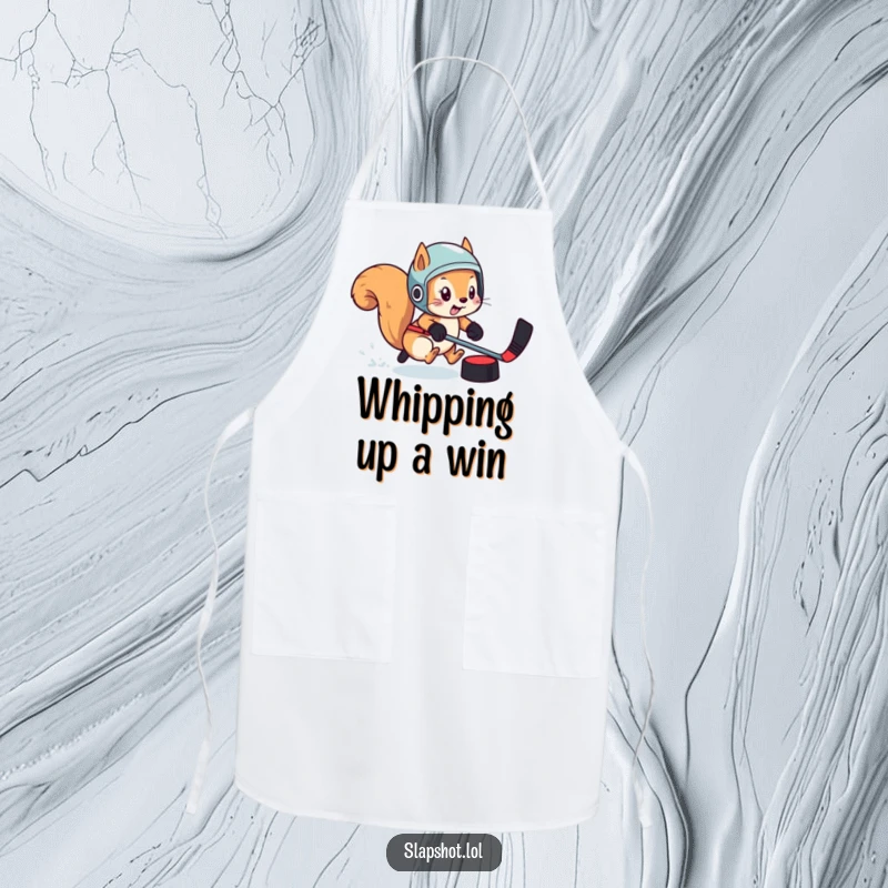 Funny squirrel in a hockey helmet, chasing a puck, printed on a playful kitchen apron.