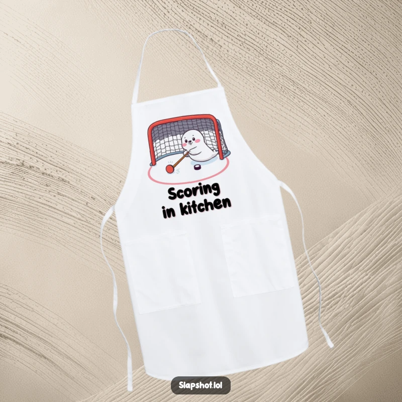 Funny seal character wearing an apron, comically shooting a hockey puck while cooking, a humorous kitchen accessory.