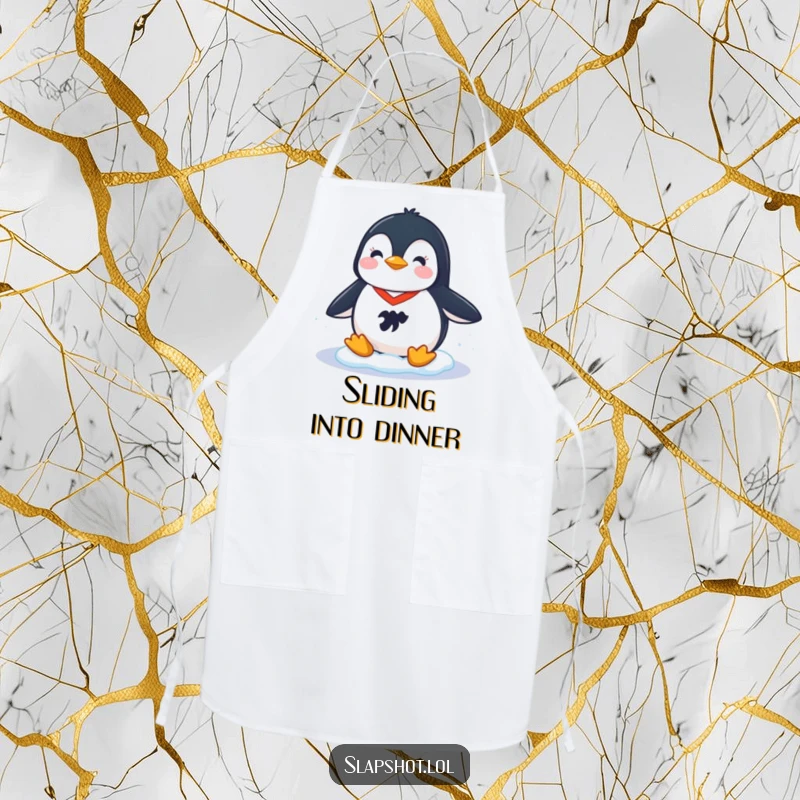 Funny kitchen apron showing a cheerful penguin wearing a tiny hockey jersey, sliding on ice, adding fun to cooking.
