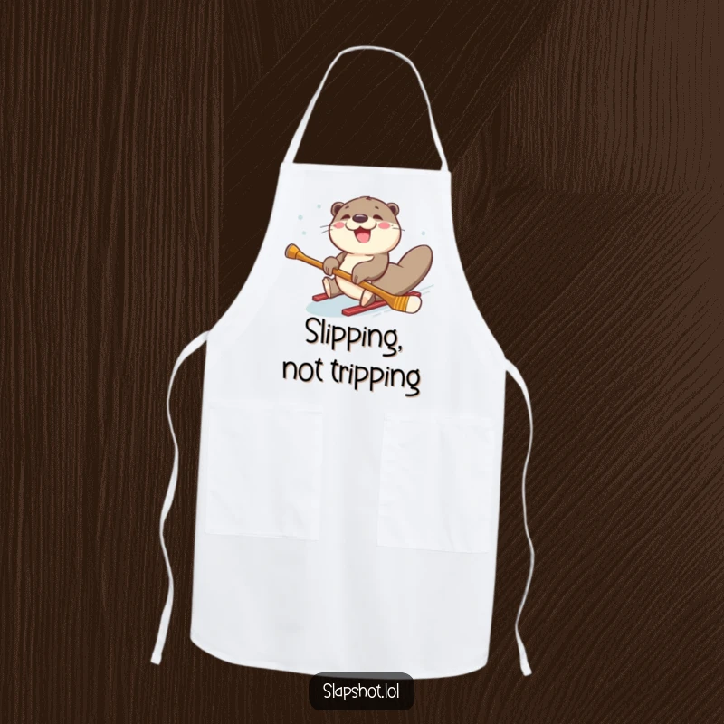 Funny joyful otter sliding on its belly with a hockey stick, printed on a playful kitchen apron.