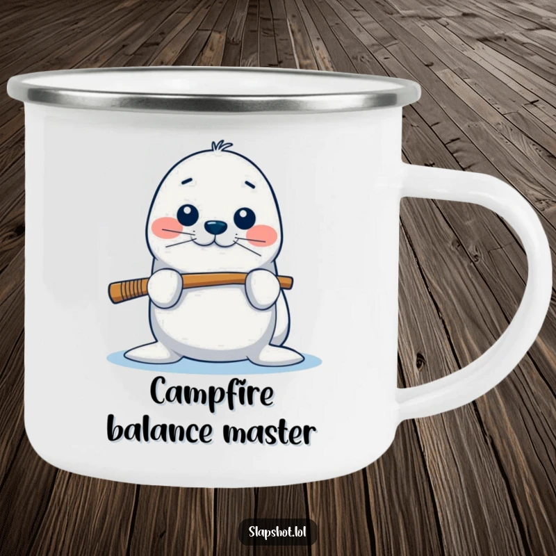 Funny seal camping mug featuring a playful character balancing a hockey stick, perfect for outdoor drinks with humor.
