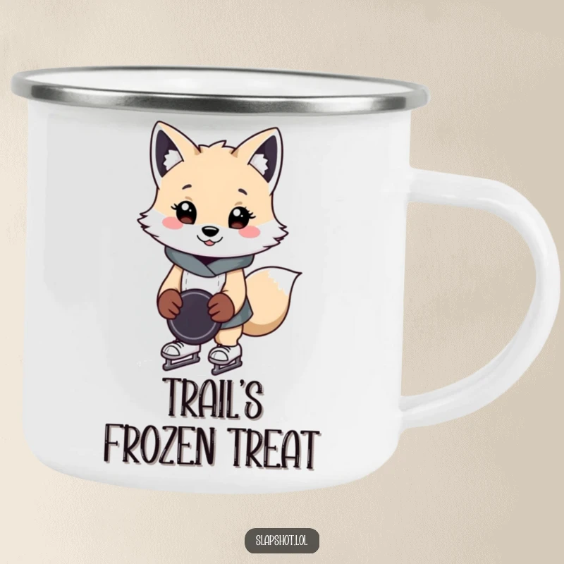 Funny arctic fox camping mug featuring a cheerful character on skates with a puck, perfect for outdoor drinks with humor.