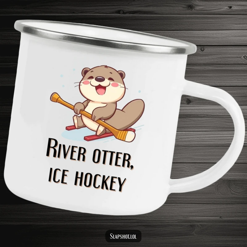 Joyful otter sliding on its belly with a hockey stick, printed on a durable enamel camping mug.