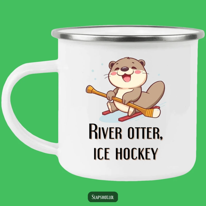 Funny Otter Hockey Camping Mug: Joyful Enamel Cup for Sliding Adventures