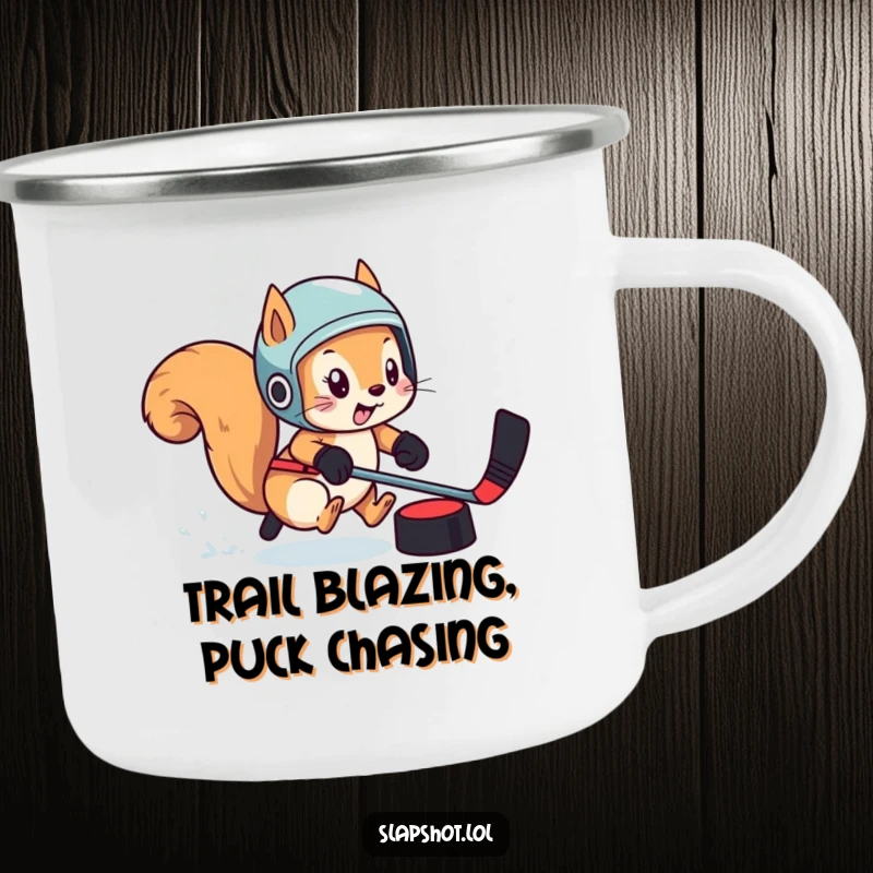 Funny squirrel with a helmet chasing a puck on a durable enamel camping mug, ready for the great outdoors.