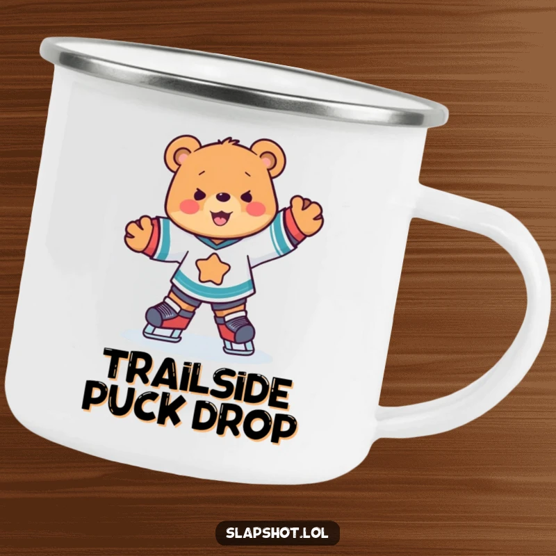 Funny cute bear in hockey jersey skating joyfully on a sturdy camping mug for sports fans.