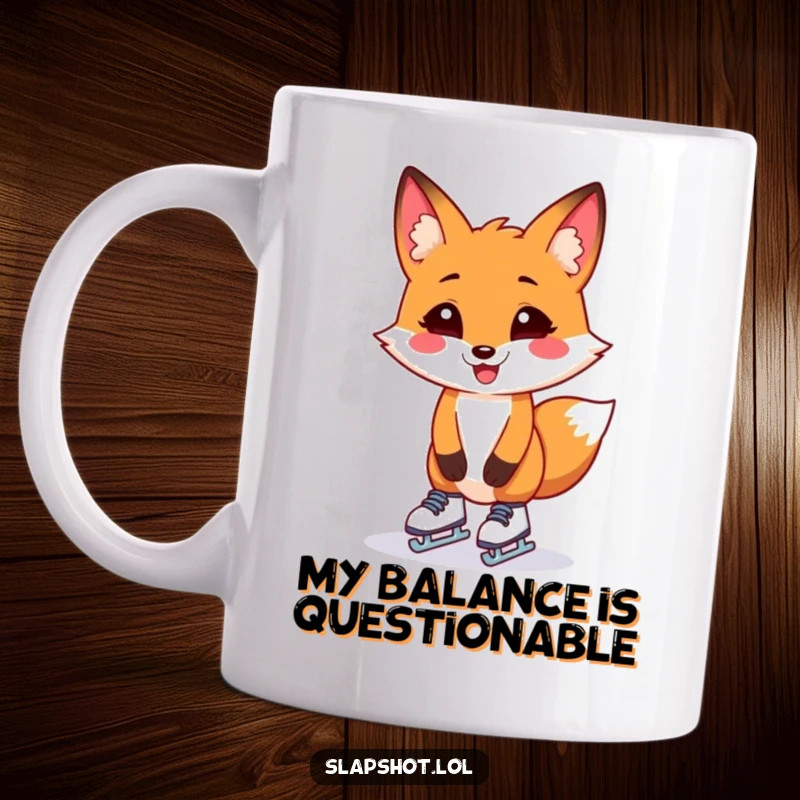 Funny fox on a mug, comically attempting to stand on tiny ice skates, exuding a goofy and determined expression.