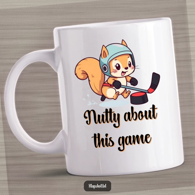 Funny squirrel wearing a hockey helmet, intensely chasing a puck across an ice rink, captured on a mug.