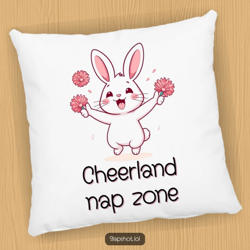 Funny rabbit character on a pillow, holding pom-poms and cheering, a soft and humorous decorative item.