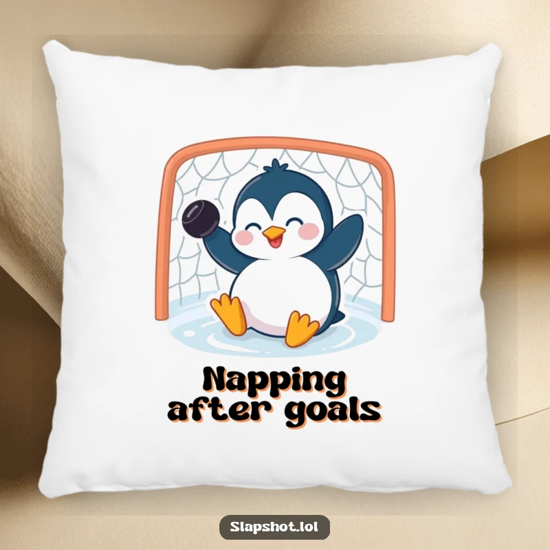 Funny penguin pillow showing a giggling character scoring with a puck, perfect for adding cozy humor to any room.