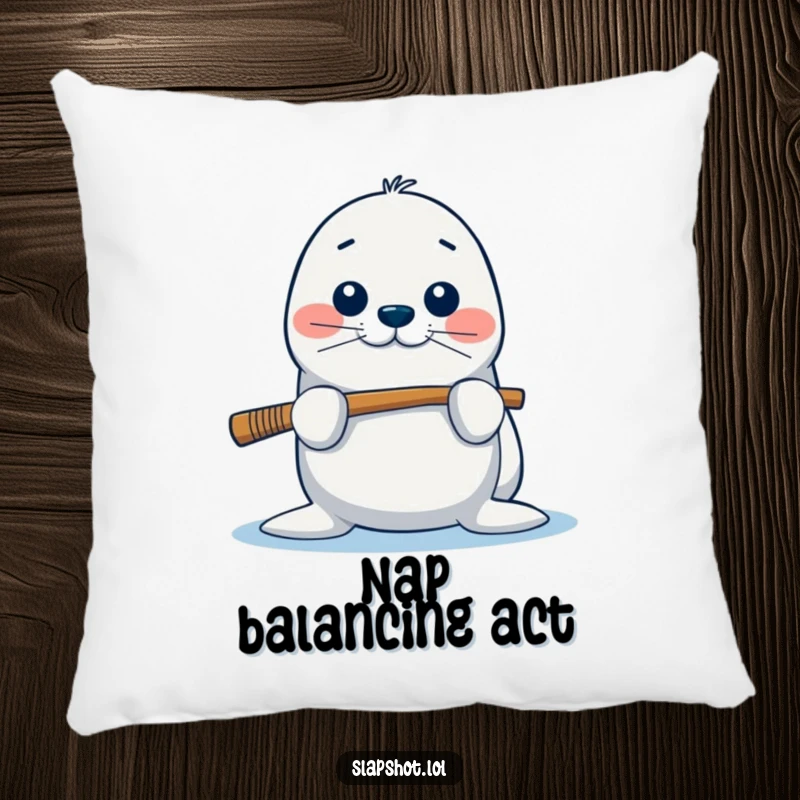 Funny seal pillow showing a playful character balancing a hockey stick, perfect for adding cozy humor to any room.