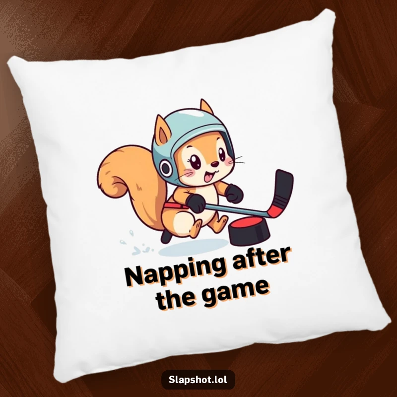 A soft pillow featuring a funny squirrel wearing a helmet and chasing a hockey puck, ready for cozying up.