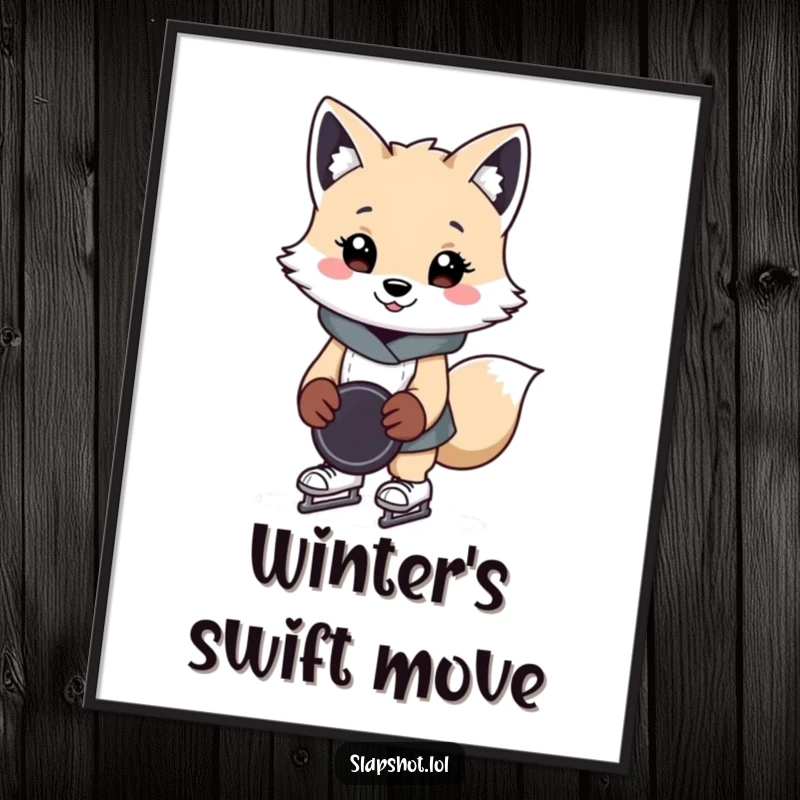 Funny arctic fox digital art print showing a cheerful character on skates with a puck, perfect for adding humor to any space.