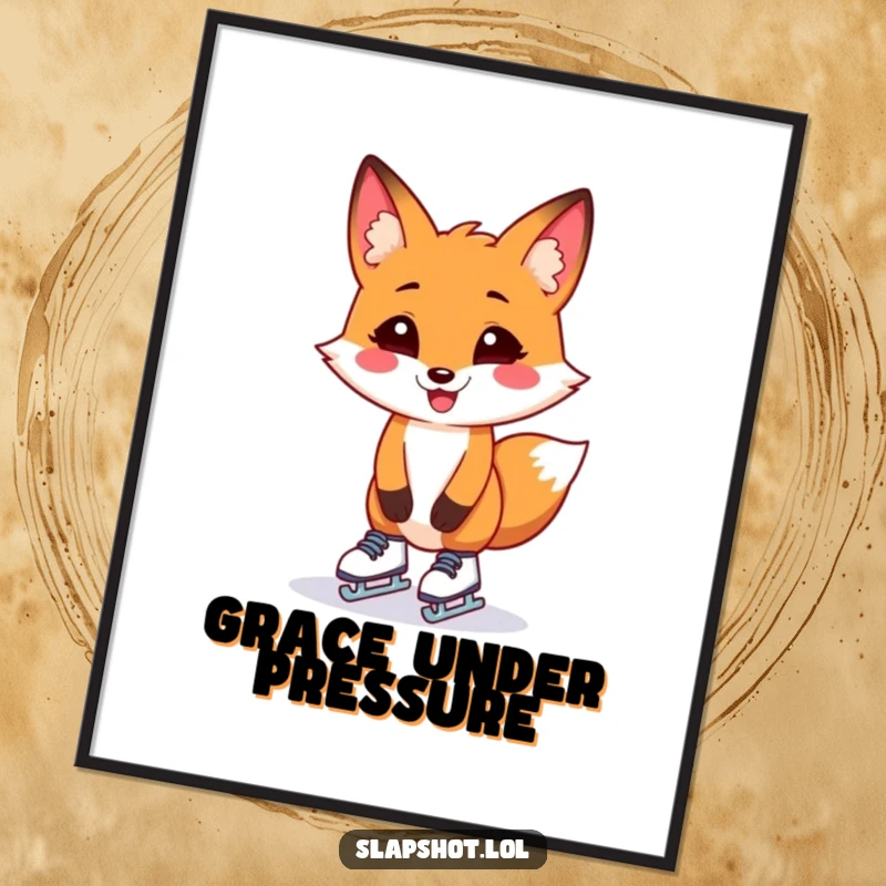 Funny grinning fox hilariously attempting to stand on tiny ice skates, as a downloadable digital art print.