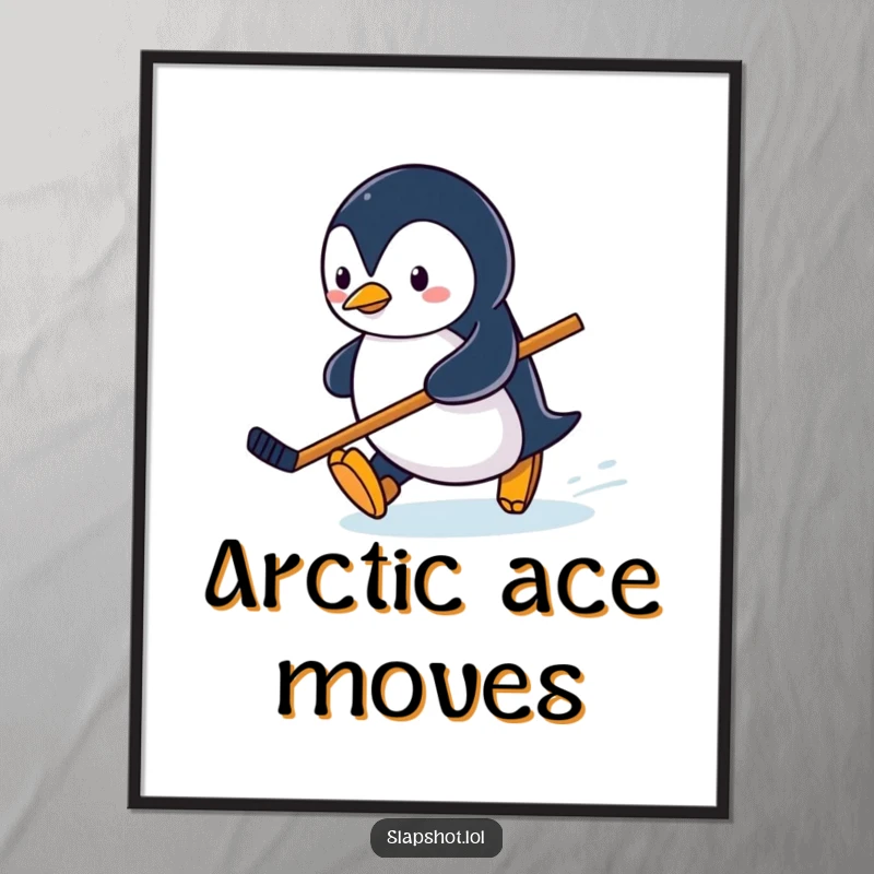 Funny penguin character sliding on ice with a hockey stick, charming and downloadable winter art.