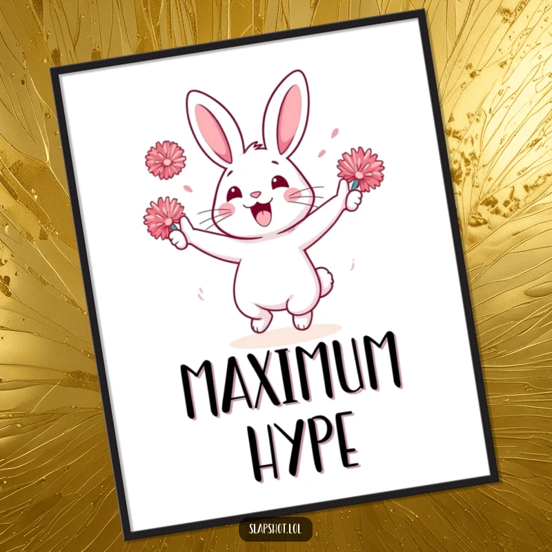 Funny rabbit character in a digital art print, joyfully cheering with pom-poms, creating an instant cheerful atmosphere.