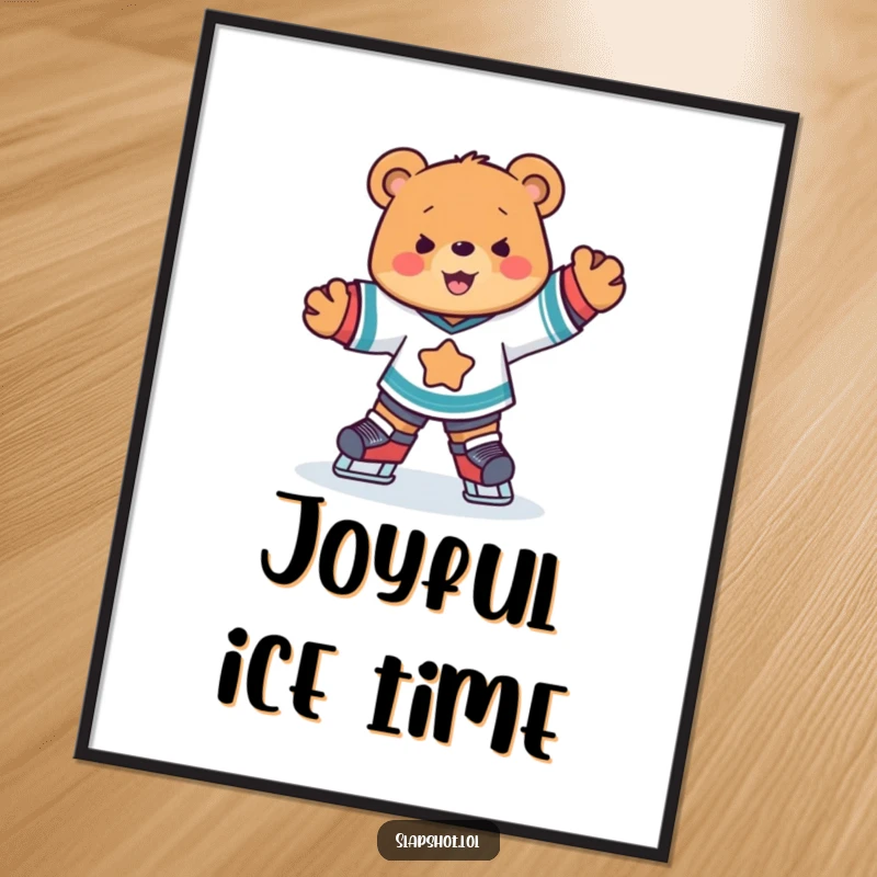 Funny cute bear in ice hockey jersey skating with joyful abandon, energetic and downloadable sports art.