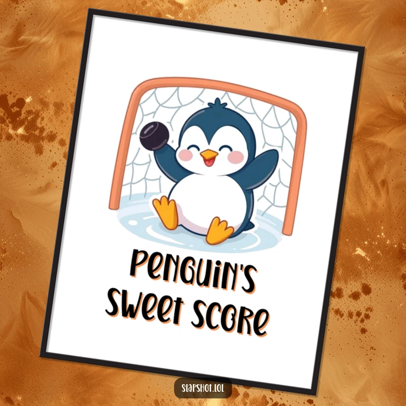 Funny penguin digital art print showing a giggling character scoring a goal with a puck, perfect for adding humor.