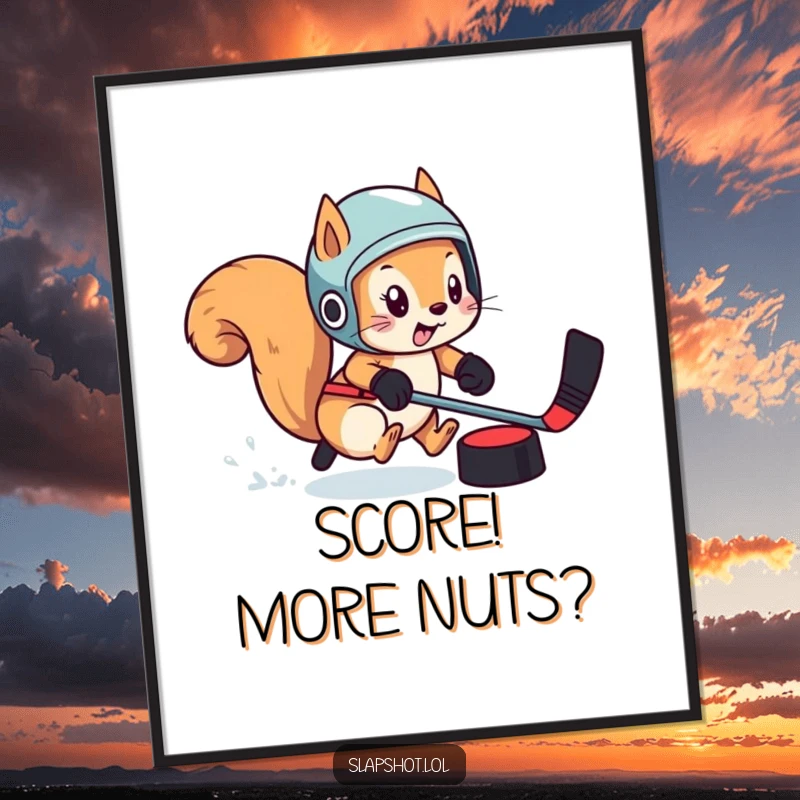 Funny squirrel wearing a hockey helmet, intensely chasing a puck, as a downloadable digital art print.