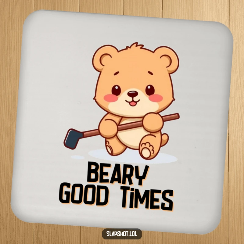 Funny drink coasters featuring a happy bear cub with a hockey stick playfully batting a puck, adding playful sports protection.
