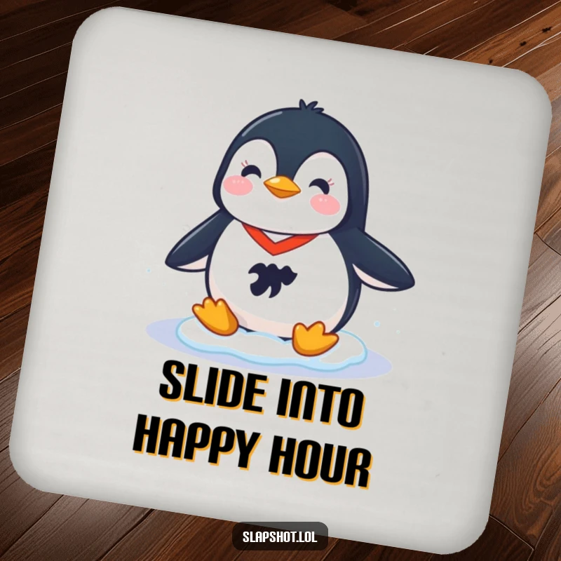 Funny drink coasters featuring a cheerful penguin in a hockey jersey sliding on ice, adding playful sports protection.