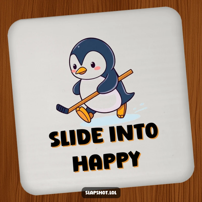 Funny penguin character sliding on ice with a hockey stick, cute and functional winter-themed coasters.