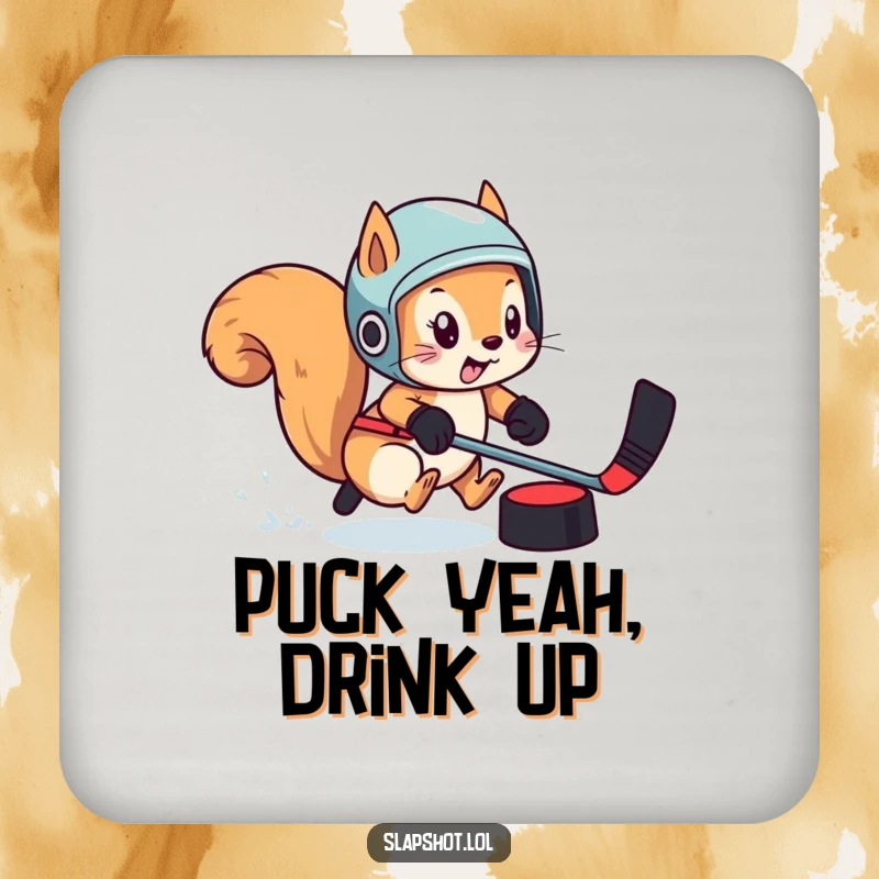 Playful squirrel wearing a helmet, chasing a hockey puck, on a drink coaster, adding humor to tables.