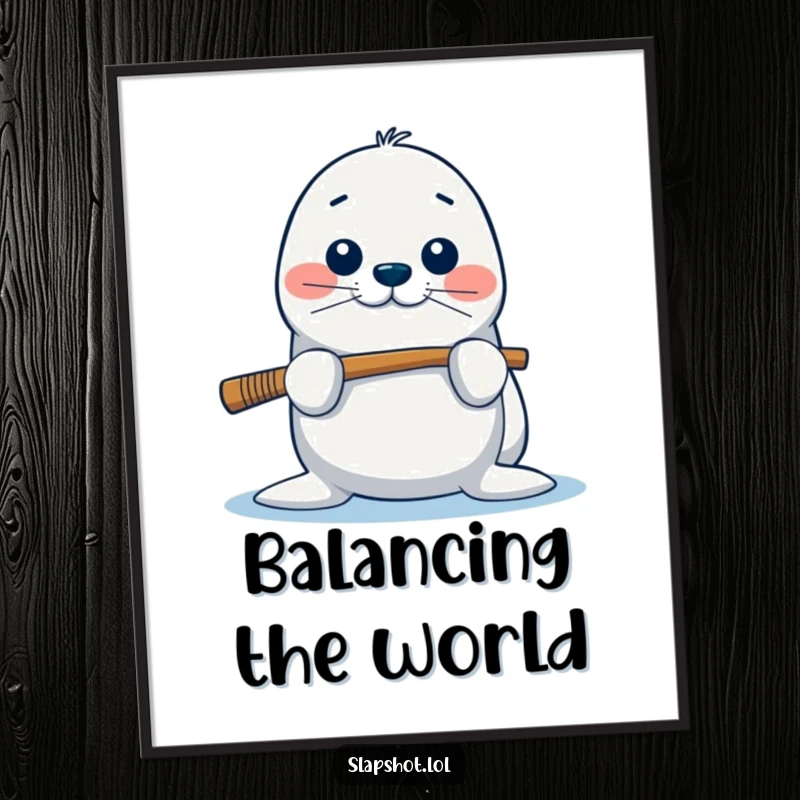 Funny seal poster displaying a playful character balancing a hockey stick on its nose, perfect for humorous wall decor.