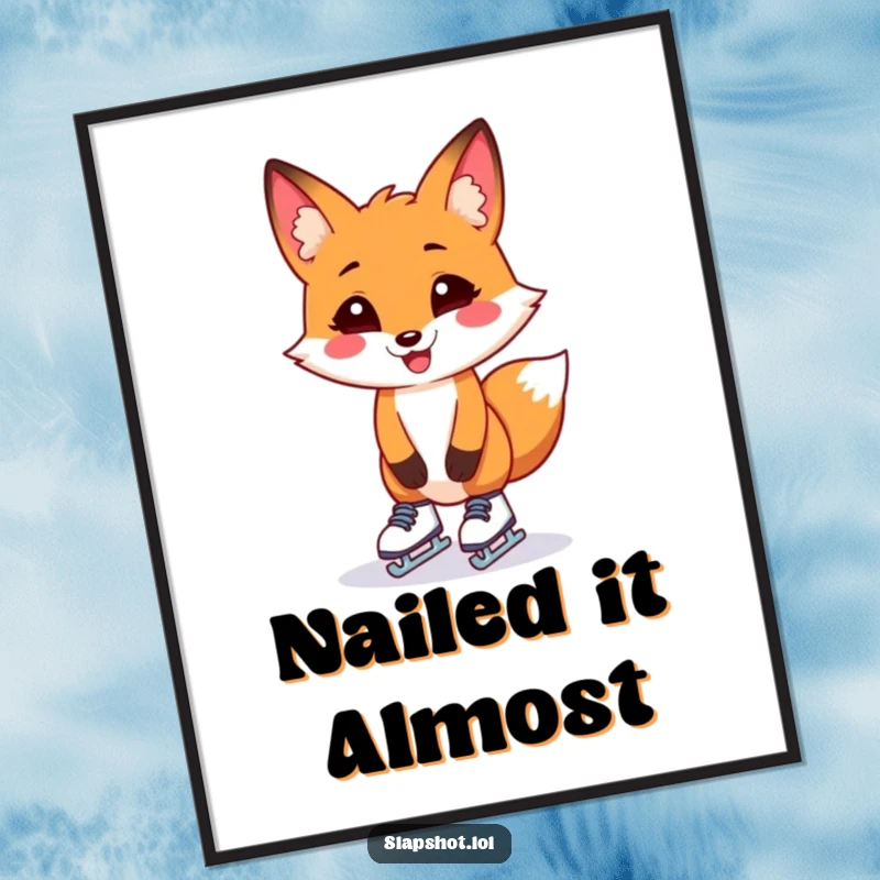 Funny fox adorably attempting to ice skate on tiny blades, depicted in a humorous poster format, full of character.