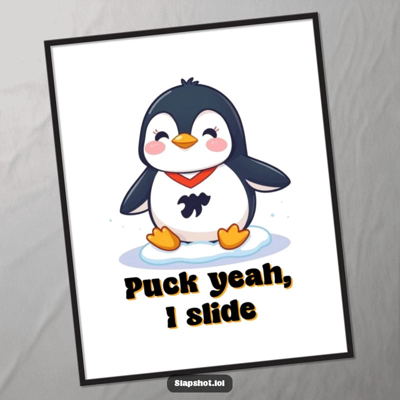 Funny poster art of a cheerful penguin in a hockey jersey sliding on ice, capturing the fun and excitement of hockey.