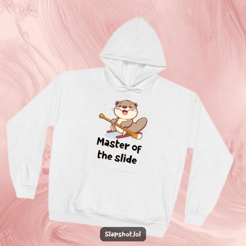 A happy otter sliding on its belly with a hockey stick, featured on a soft, comfortable hoodie.