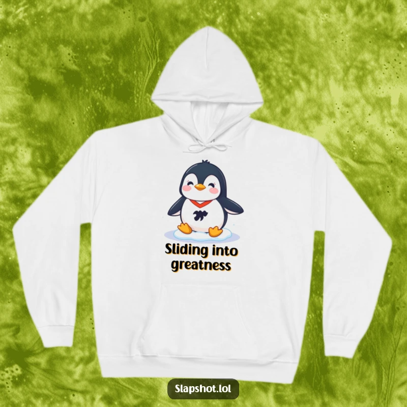 Funny hoodie featuring a cheerful penguin in a small hockey jersey, sliding smoothly on ice, offering cozy sports fun.
