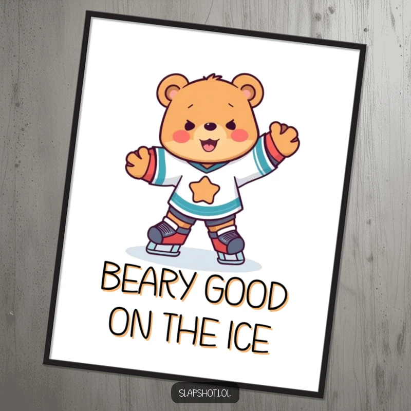 Funny Free Printable Wall Art: A cute bear in a hockey jersey skates with joyful abandon, energetic downloadable art for any wall.