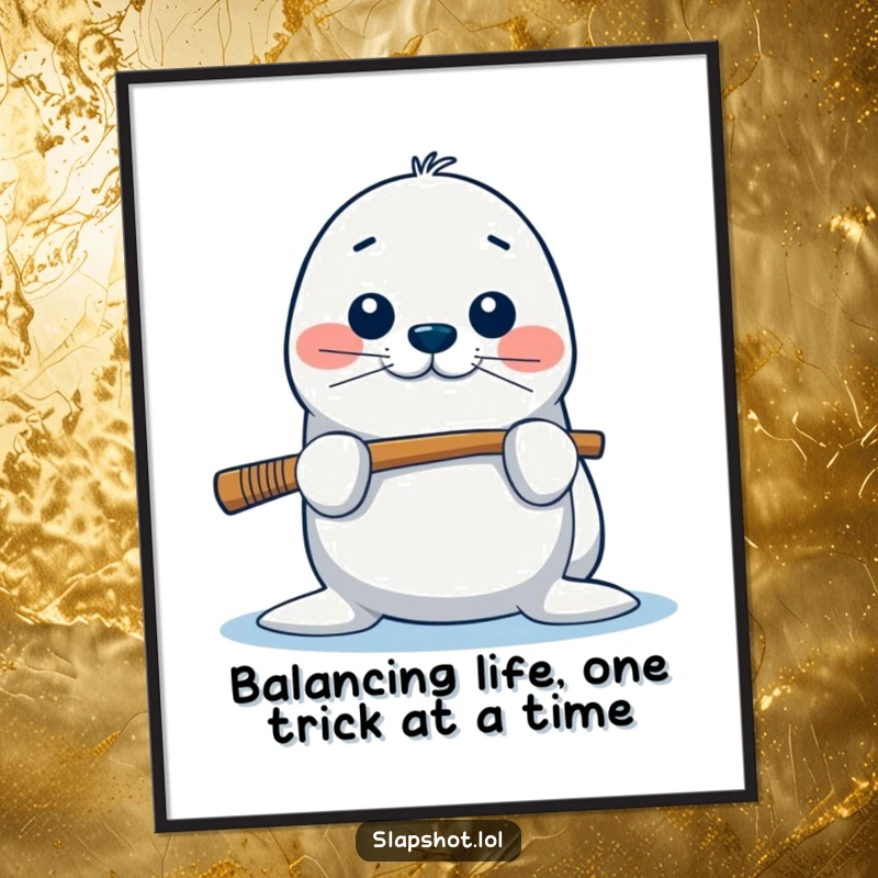 Funny Free Printable Wall Art: A playful seal balances a hockey stick on its nose, adding quirky charm.