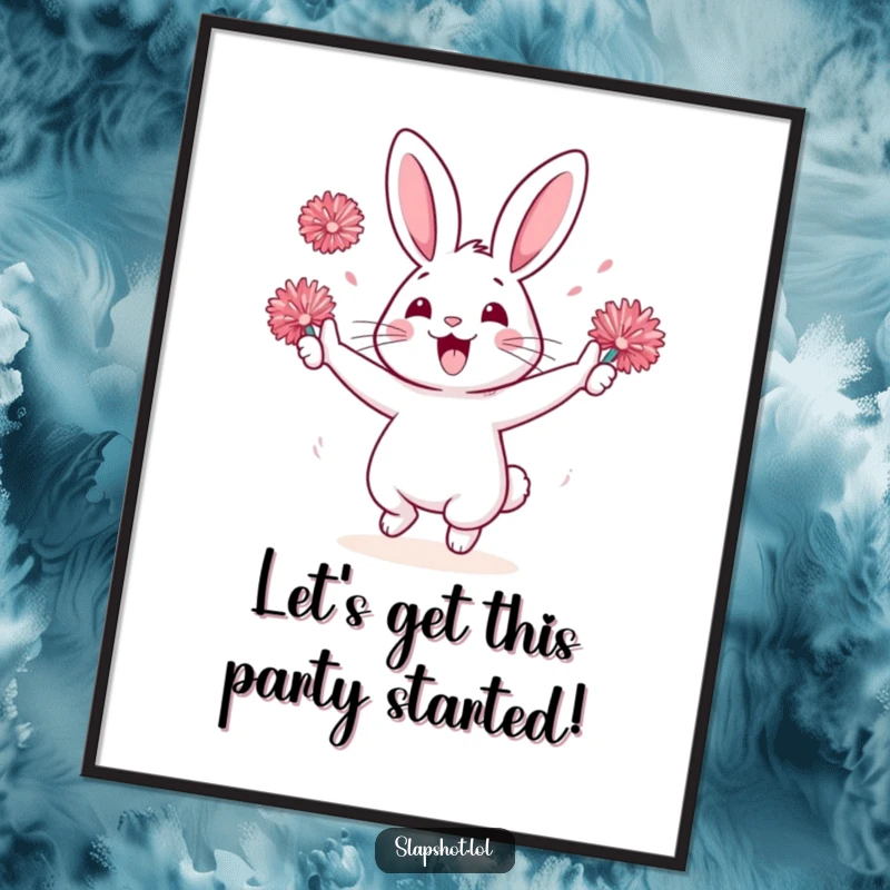Funny Free Printable Wall Art: Rabbit character jumping with pom-poms, vibrant colors, joyful expression, downloadable decor.
