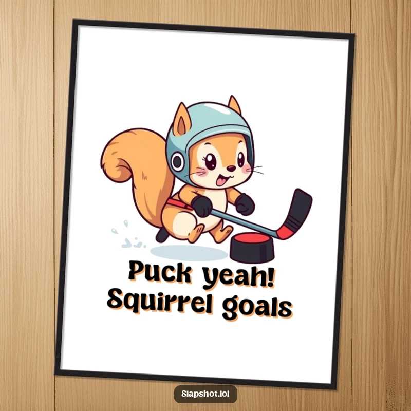Funny Free Printable Wall Art: Playful squirrel in a helmet chasing a hockey puck with athletic determination, humorous downloadable decor.