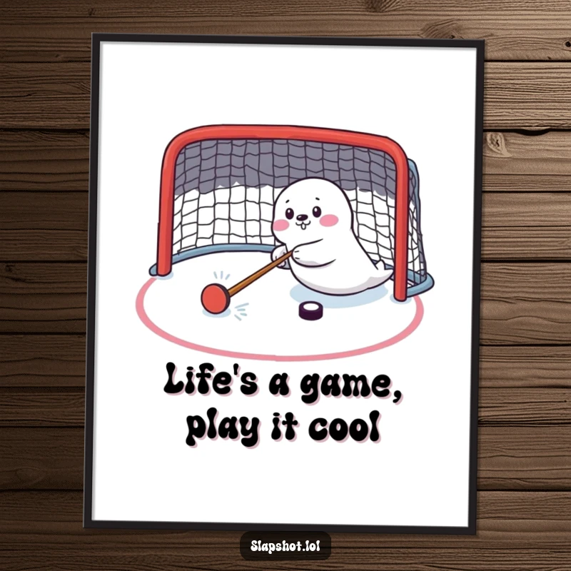 Funny Free Printable Wall Art: Seal player in mid-shot with hockey puck, dynamic action pose, humorous downloadable decor.