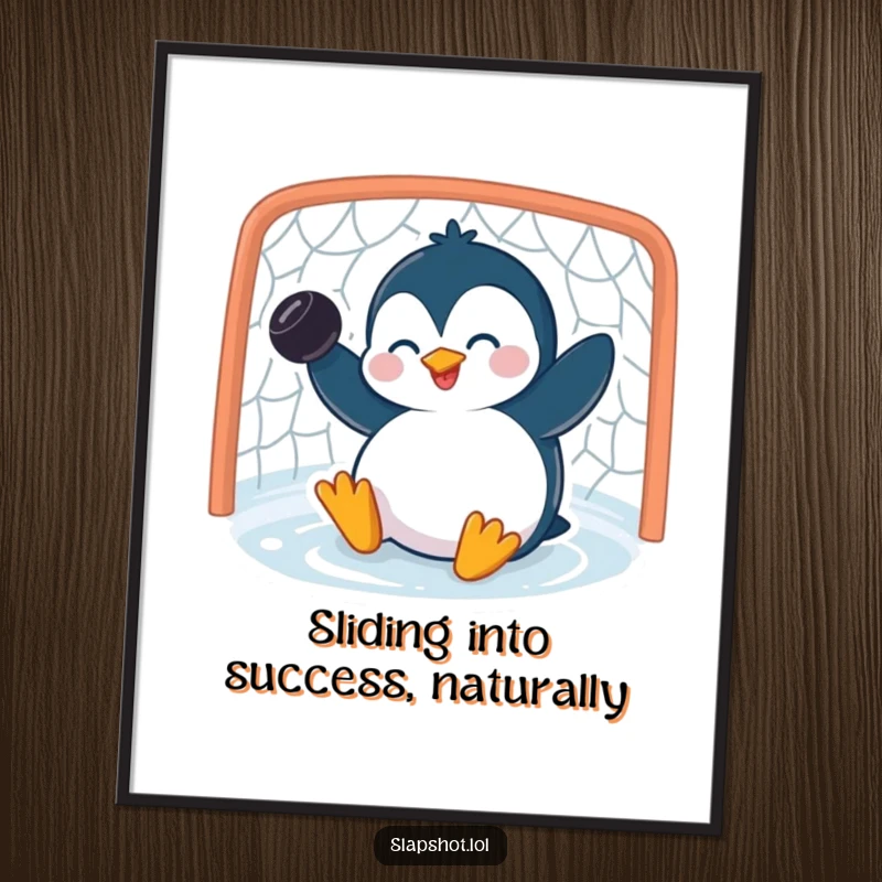 Funny Free Printable Wall Art: A giggling penguin slides into a net with a puck, bringing sporty humor to your walls.
