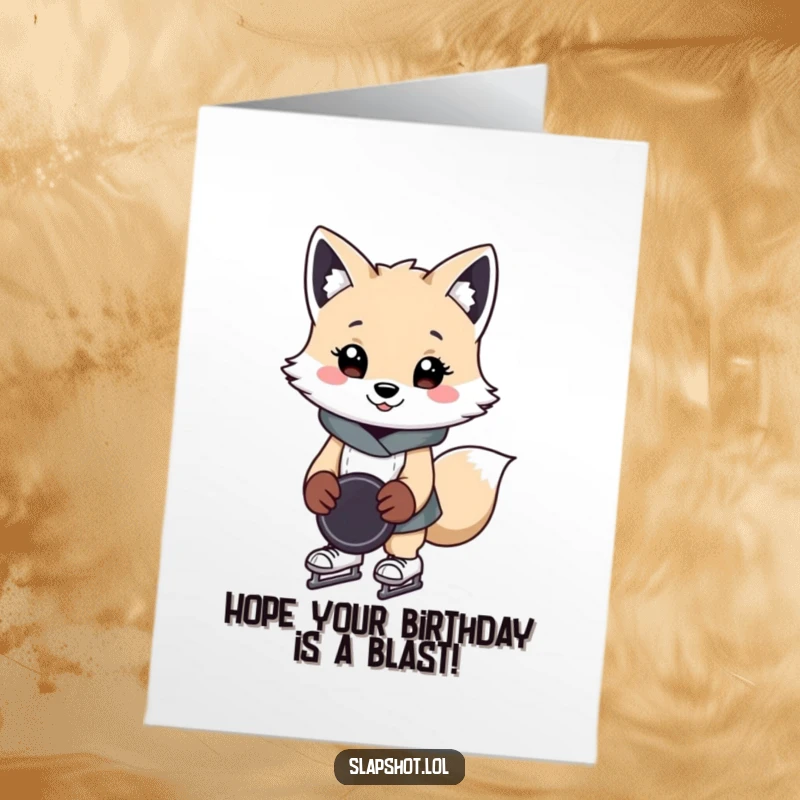 Funny Free Printable Birthday Card: A cheerful arctic fox in tiny skates holds a hockey puck, ready to wish happy birthday.