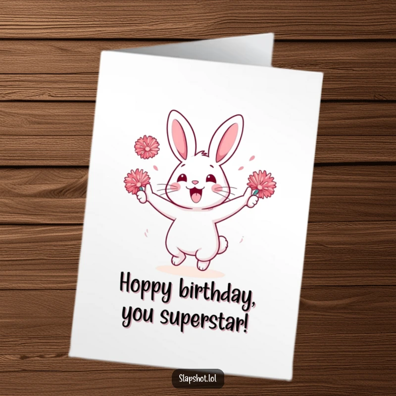 Funny Free Printable Birthday Card: Rabbit character cheering with pom-poms, energetic pose, perfect humorous downloadable gift.