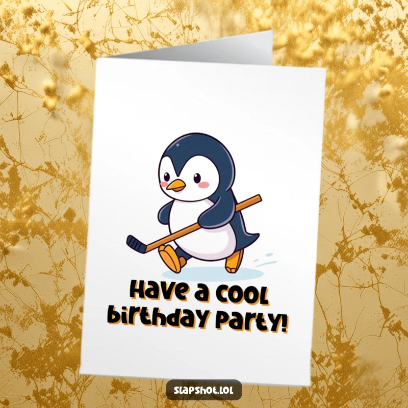 Funny Free Printable Birthday Card: A penguin slides across an ice rink holding a miniature hockey stick, perfect for a downloadable birthday wish.