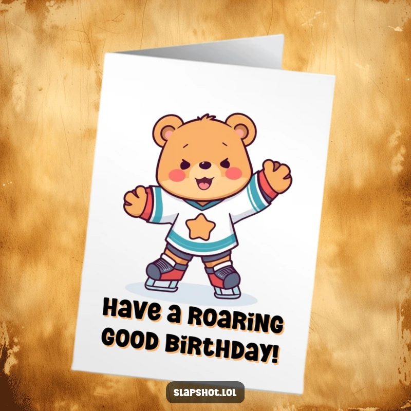 Funny Free Printable Birthday Card: A cute bear in a hockey jersey skates with joyful abandon, perfect for a downloadable birthday surprise.