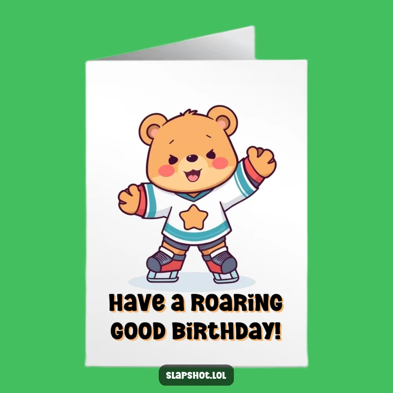 Free Printable Funny Birthday Card: Hockey Bear Skating, Joyful Abandon, Downloadable Gift