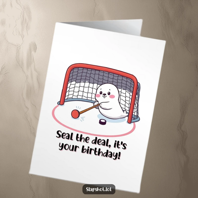 Funny Free Printable Birthday Card: Seal player shooting puck, celebrating goal, perfect icy humorous downloadable gift.