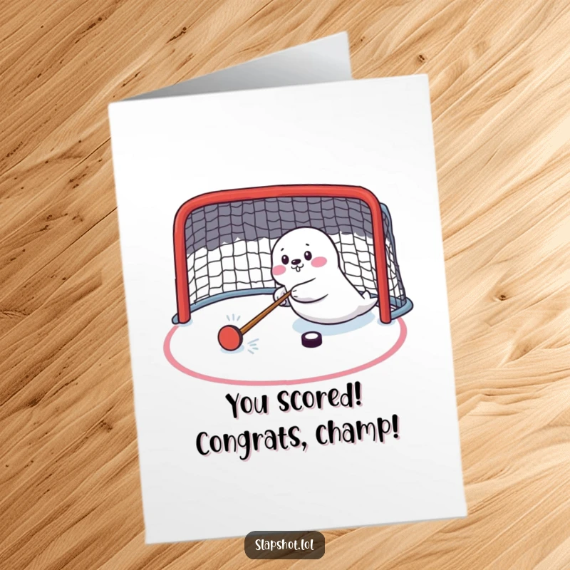 Funny Free Printable Congrats Card: Seal player scoring hockey goal, celebrating achievement, humorous downloadable art gift.