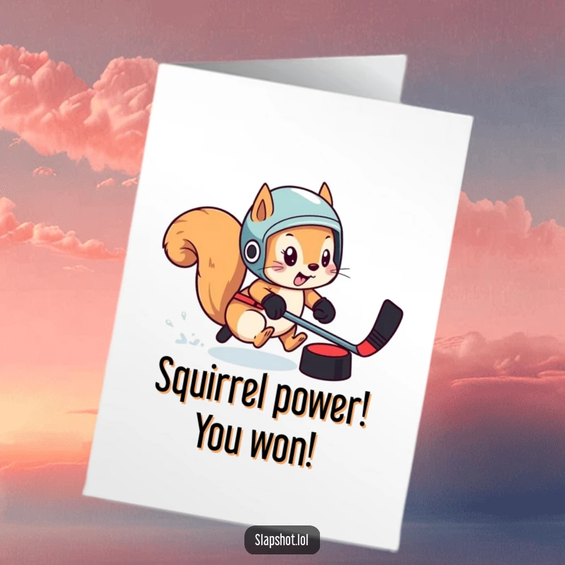Funny Free Printable Congrats Card: Playful squirrel in helmet chasing a puck, ready to score, a comical downloadable gift.