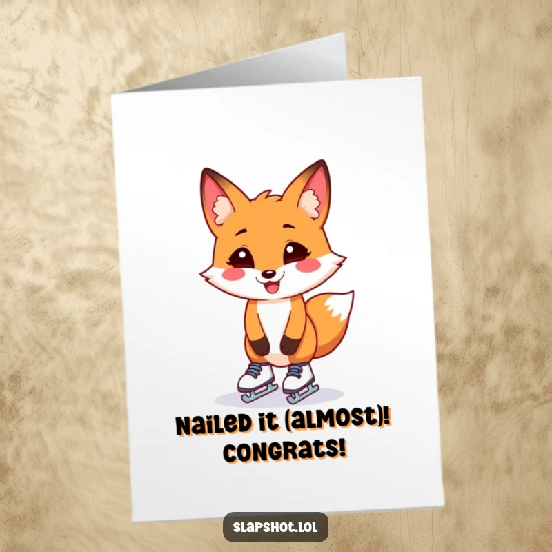 Funny Free Printable Congrats Card: Grinning fox balancing on tiny skates, a comical attempt at gliding for a downloadable gift.