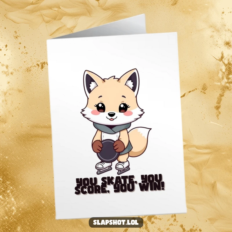 Funny Free Printable Congratulations Card: A cheerful arctic fox on skates holds a puck, celebrating a fantastic achievement.